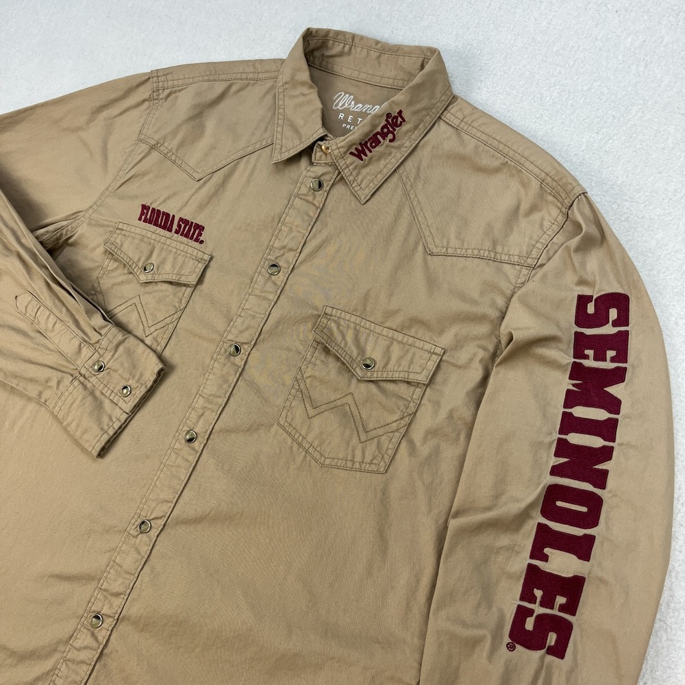 Wrangler Retro Florida State Seminoles Western Shirt Mens L Khaki Team Logos
